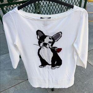 White House Black Market White Sweater with Bulldog Motif